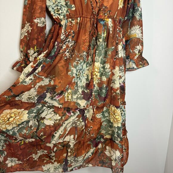 Anthropologie Hemant & Nandita Zeri Dress Brown Floral Tiered Ruffle Sleeve boho - Picture 10 of 15